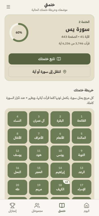 ختمتك في رِفقة: موضعك محفوظ، وخريطة تُظهر كل سورة قرأتها — وتقدّمك بنظرة واحدة.