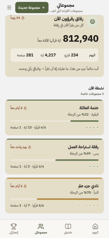 شاشة المجموعات في رِفقة وتقدّم كل مجموعة.